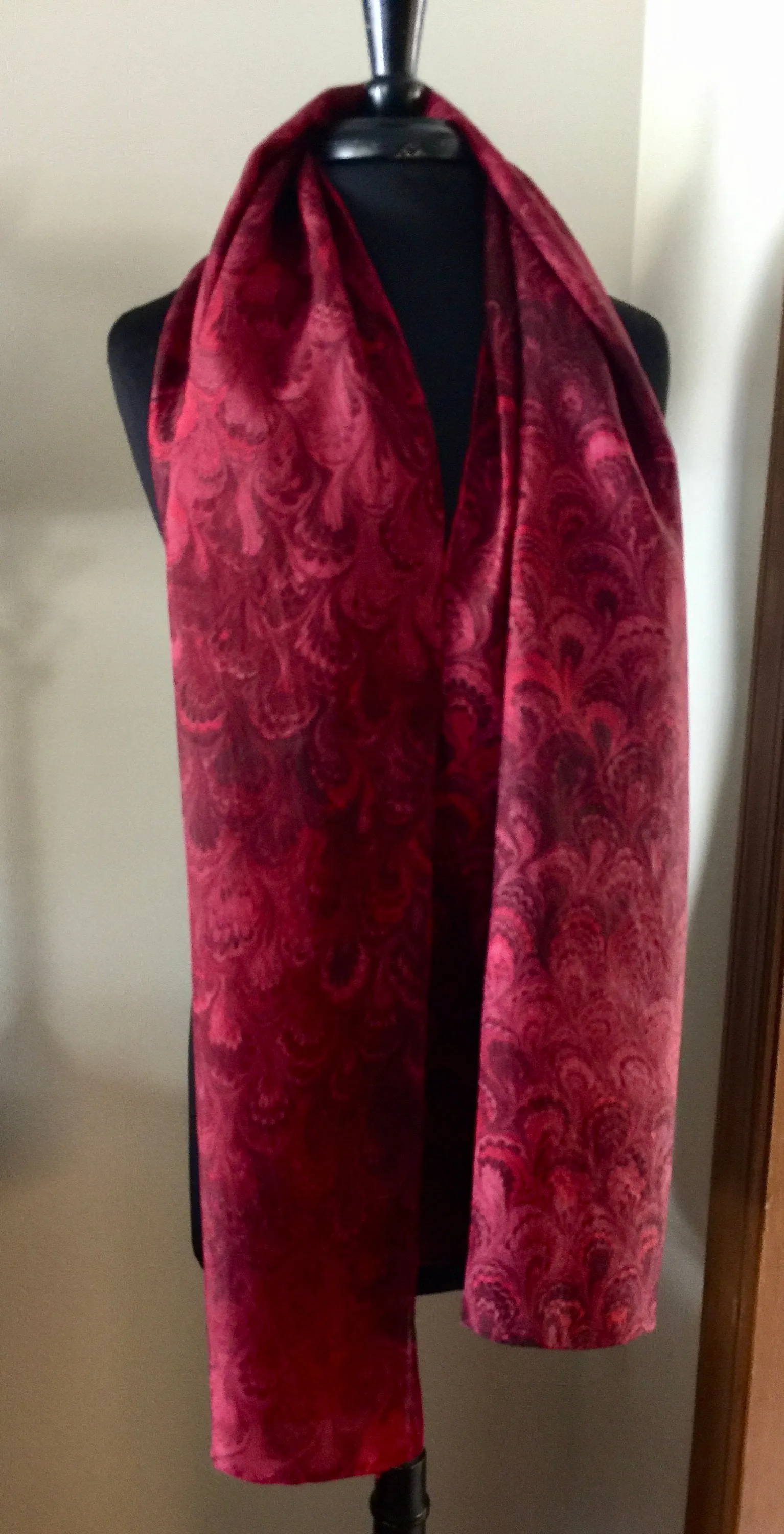 Red Bouquet Pattern Shawl 72x22” Water marbled silk