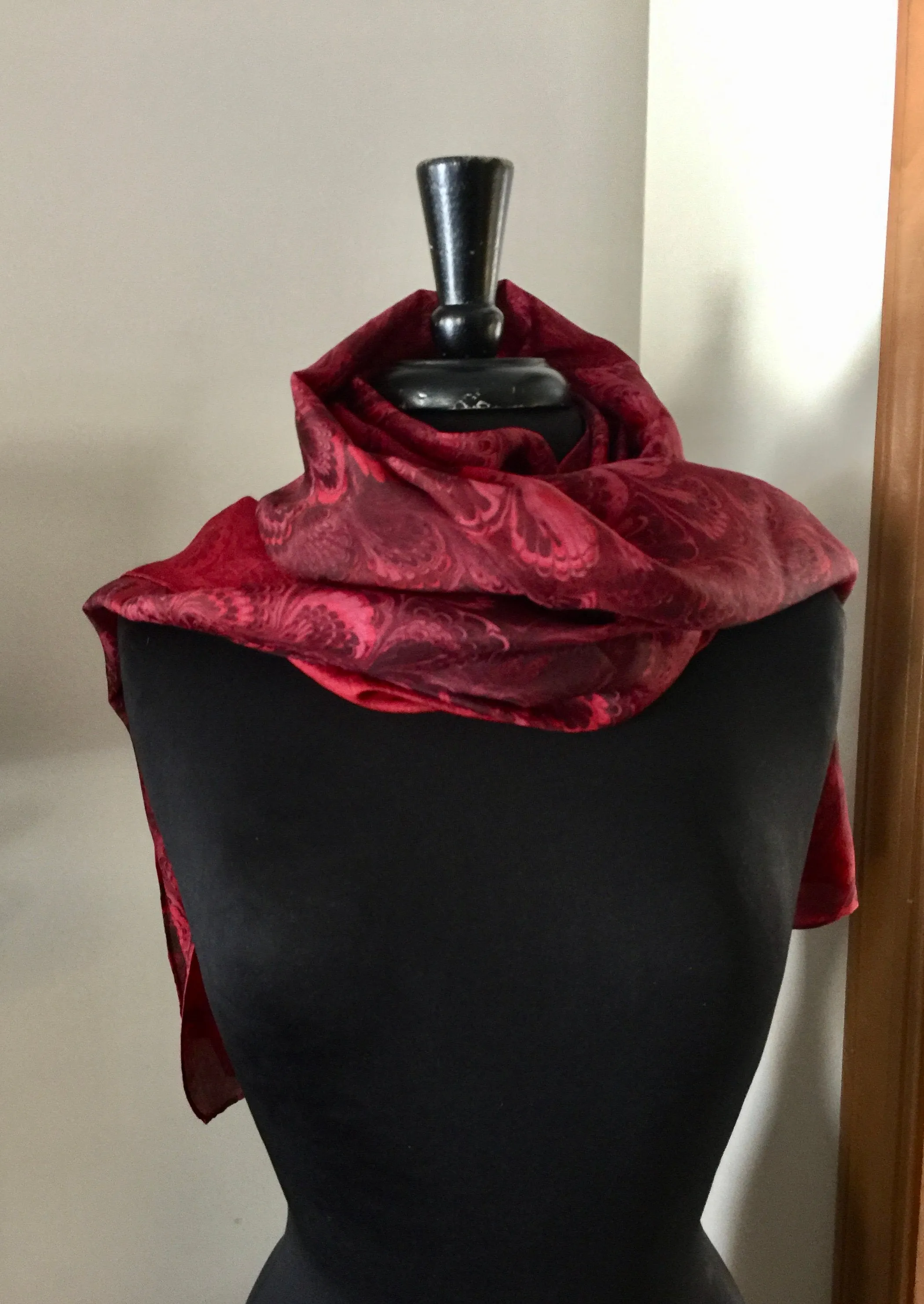 Red Bouquet Pattern Shawl 72x22” Water marbled silk