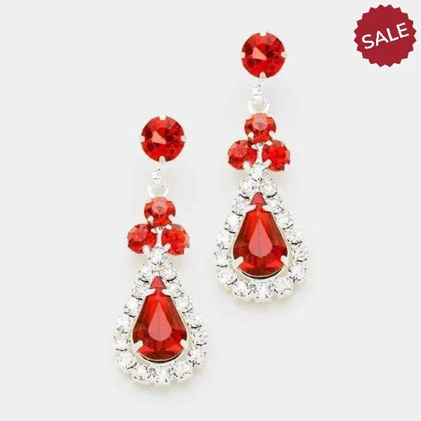 Red Crystals & Silver Pave Trim Evening Earrings