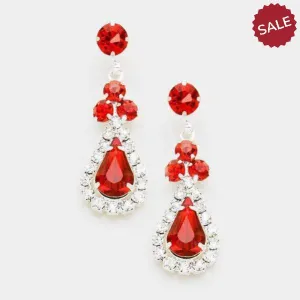 Red Crystals & Silver Pave Trim Evening Earrings
