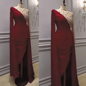 red evening dresses short long sleeve chiffon beaded elegant high neck evening gown 2020