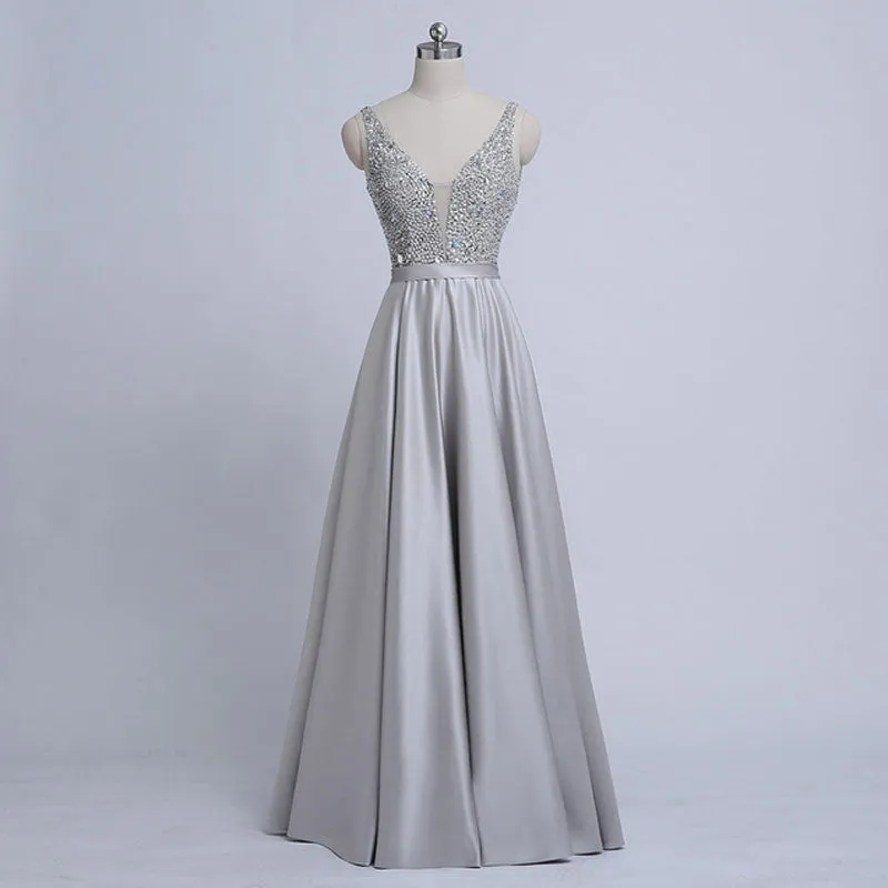 Rhinestone Deep V-Neck Sleeveless Pleated Evening Dress