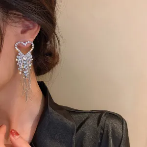 Rhinestone Heart Pattern Tassel Design Earrings