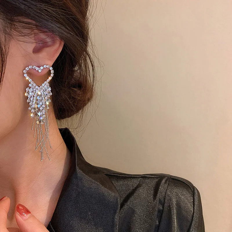 Rhinestone Heart Pattern Tassel Design Earrings