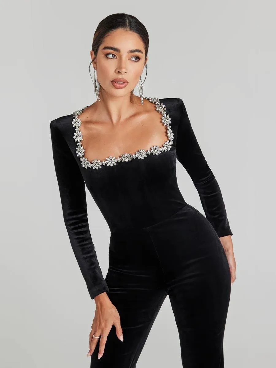Rhinestone Square Neck Velvet Jumpsuits MYC1033