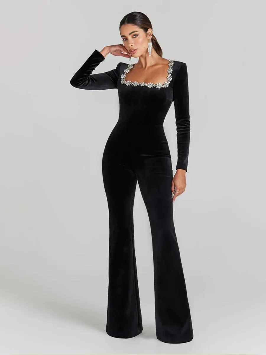 Rhinestone Square Neck Velvet Jumpsuits MYC1033