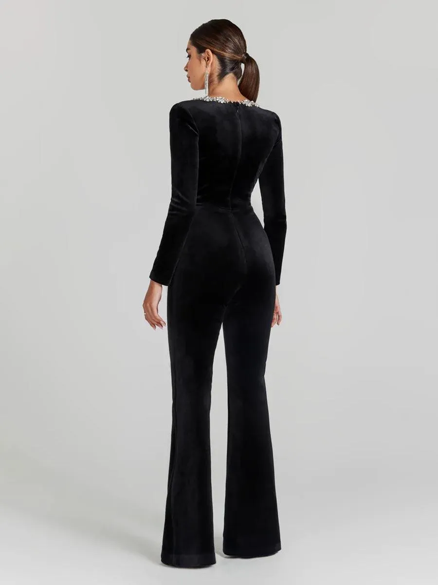 Rhinestone Square Neck Velvet Jumpsuits MYC1033