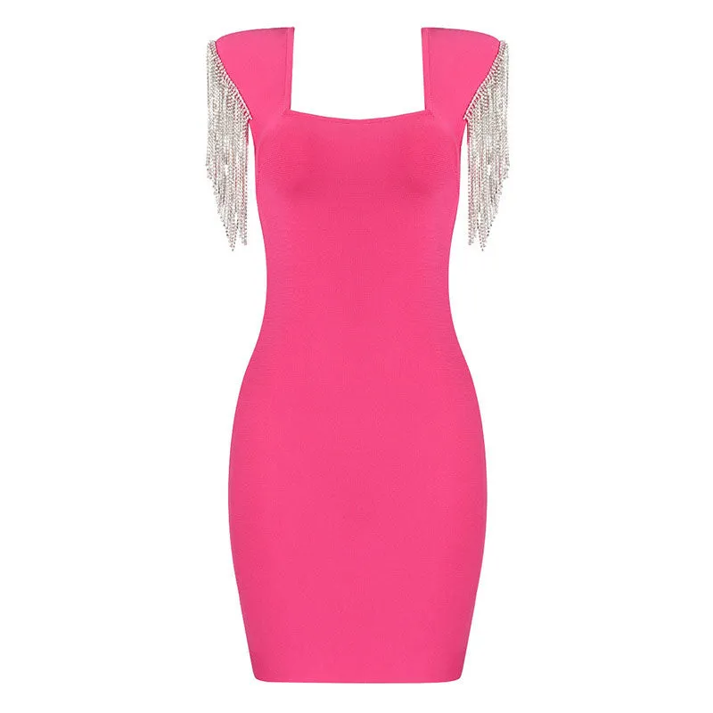 Rhinestone U Neck Sleeveless Tassel Design Bodycon Dress