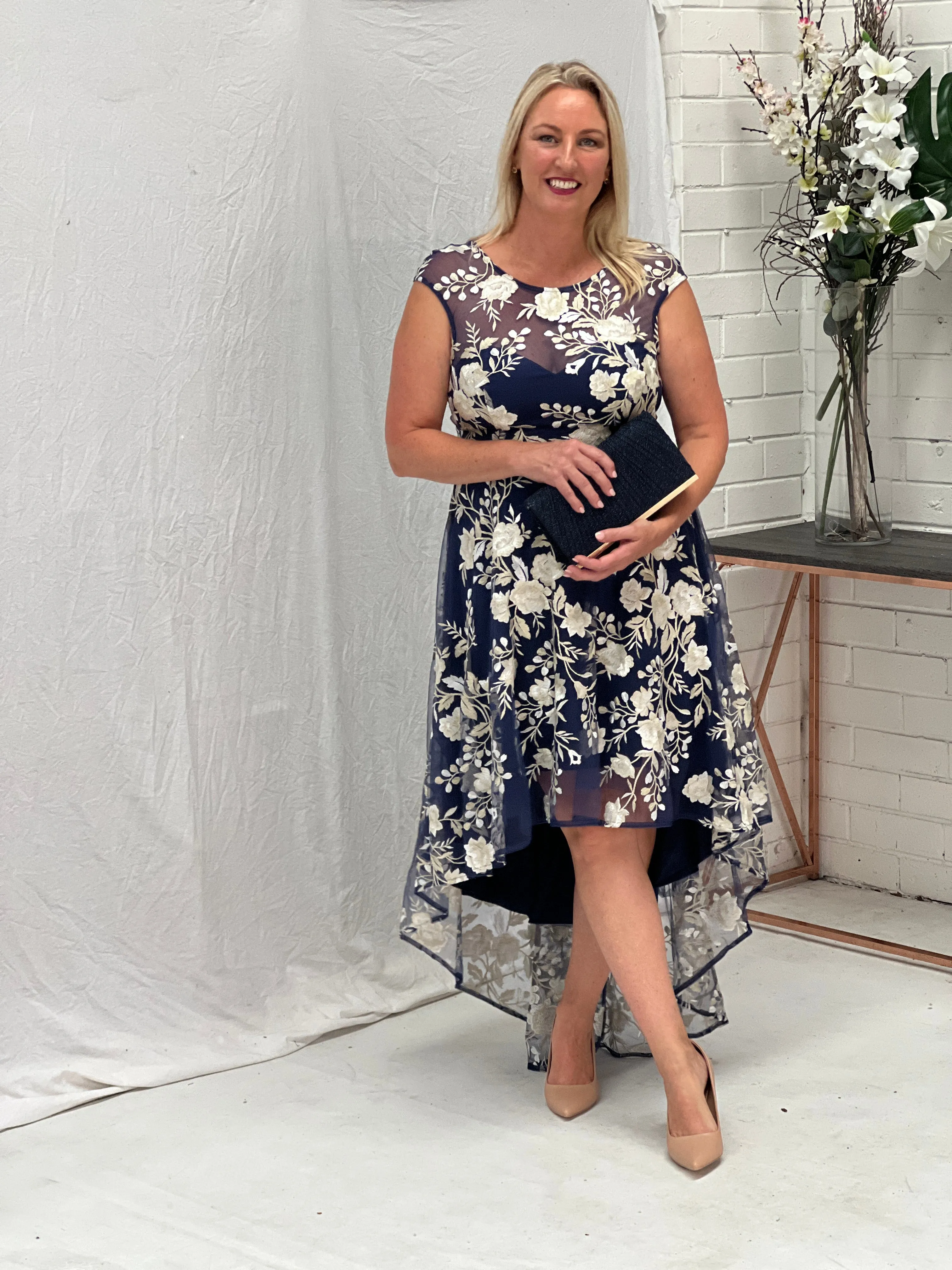 Ria Navy Embroidered Evening Dress