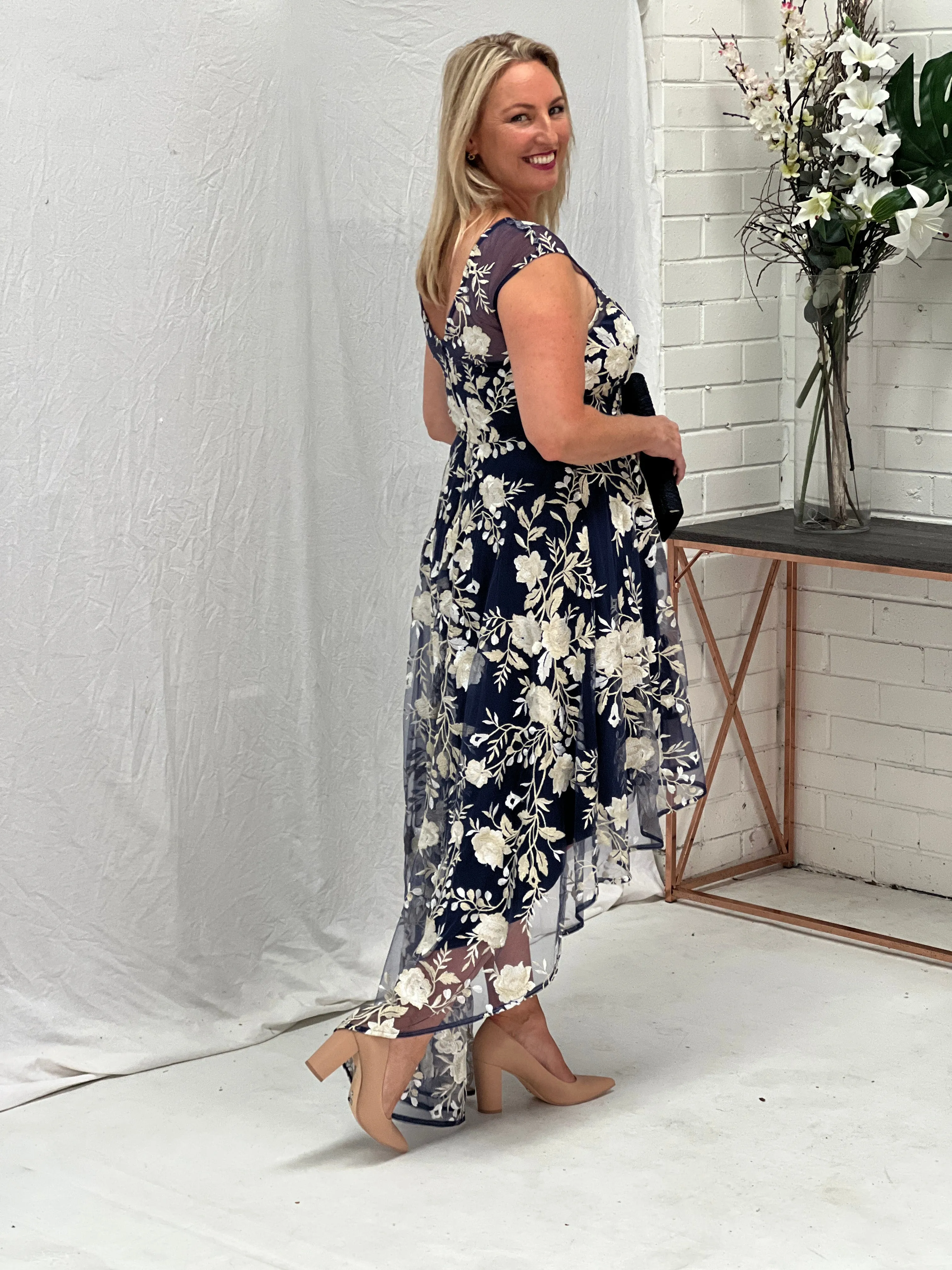 Ria Navy Embroidered Evening Dress