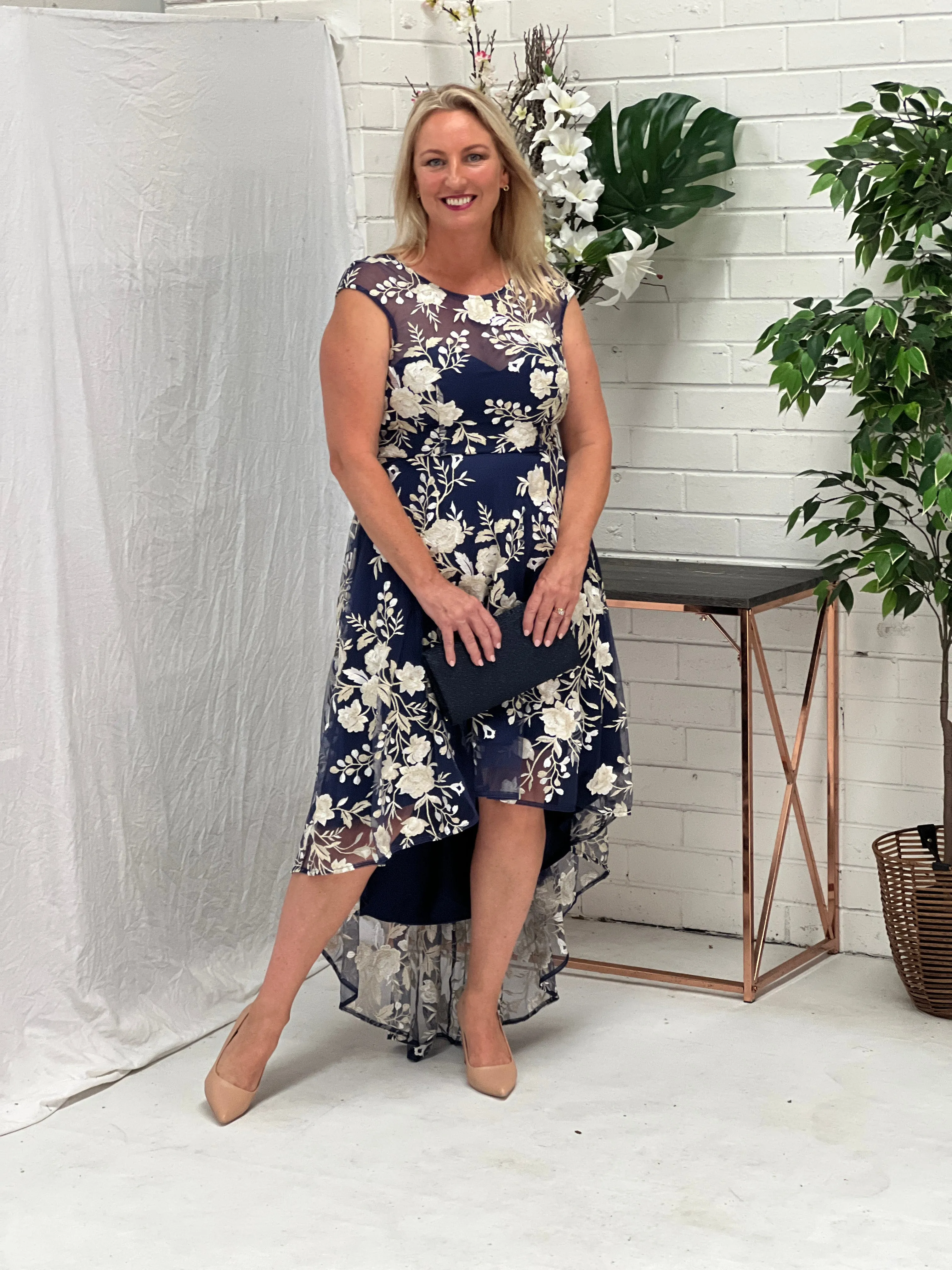 Ria Navy Embroidered Evening Dress
