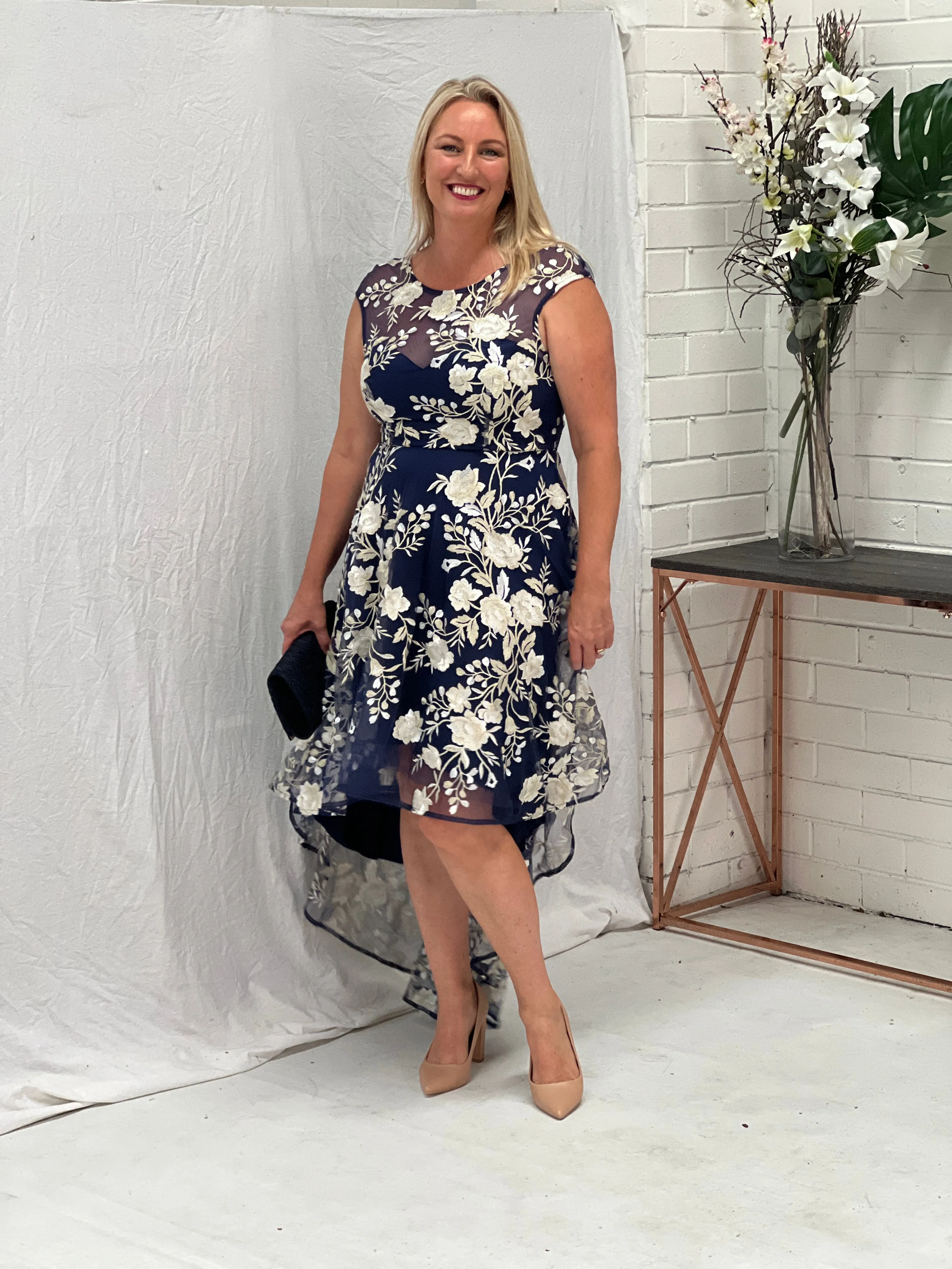 Ria Navy Embroidered Evening Dress