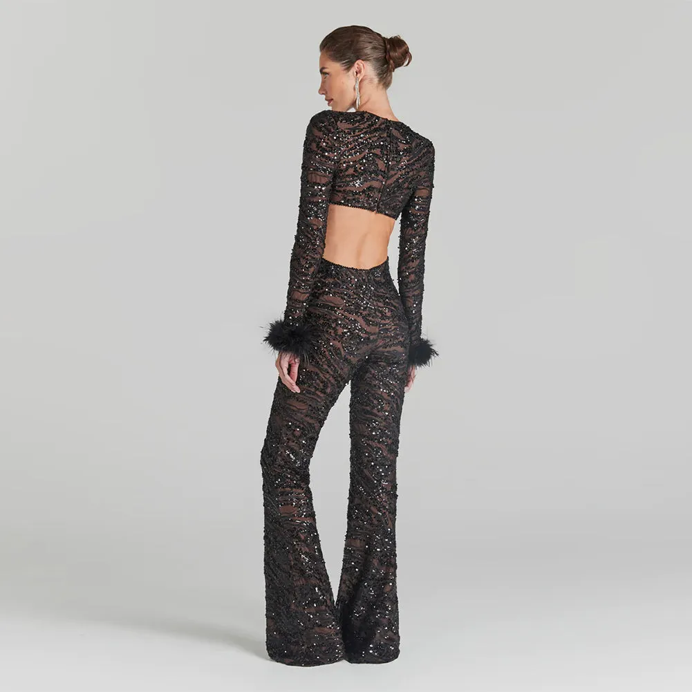 Round Neck Long Sleeve Sequins Bodycon Jumpsuit HL9448