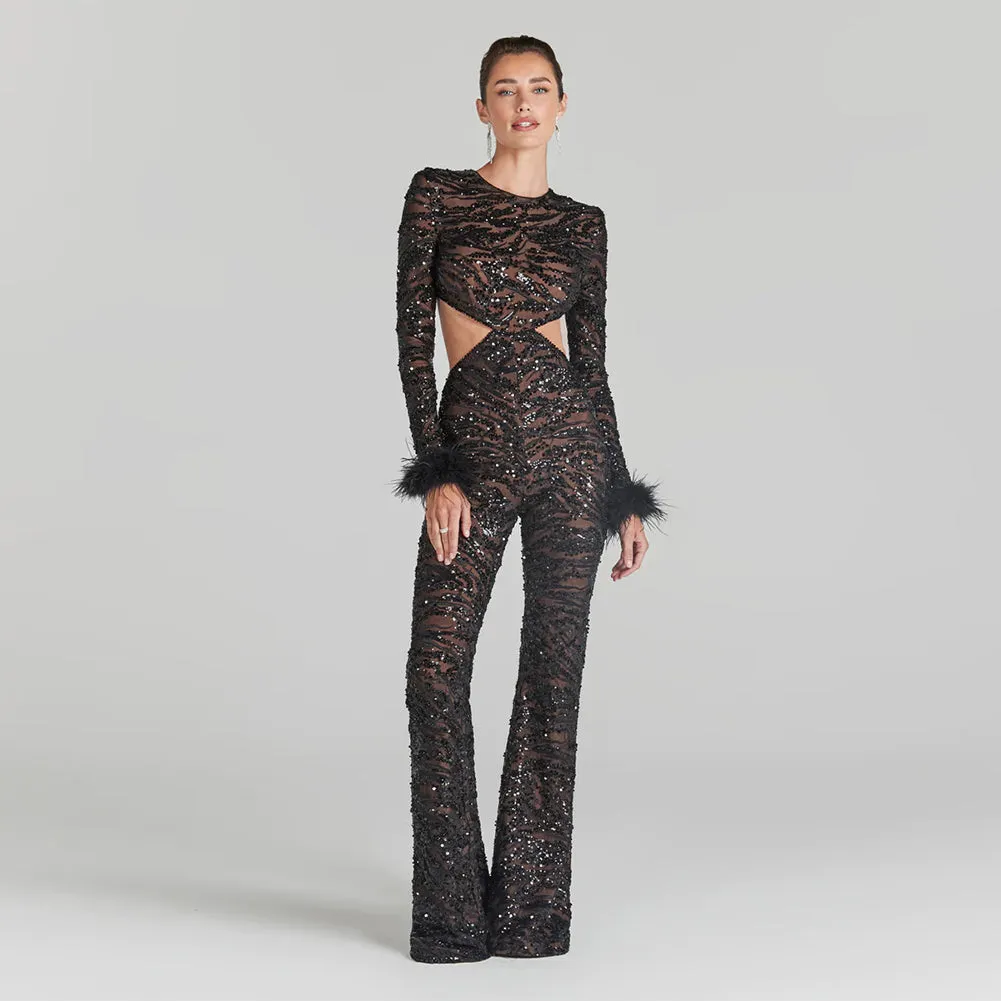 Round Neck Long Sleeve Sequins Bodycon Jumpsuit HL9448