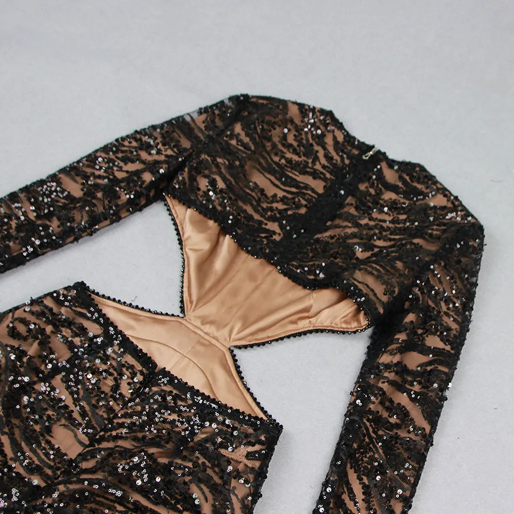 Round Neck Long Sleeve Sequins Bodycon Jumpsuit HL9448