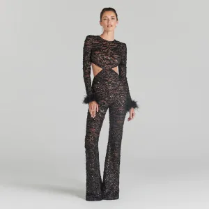 Round Neck Long Sleeve Sequins Bodycon Jumpsuit HL9448