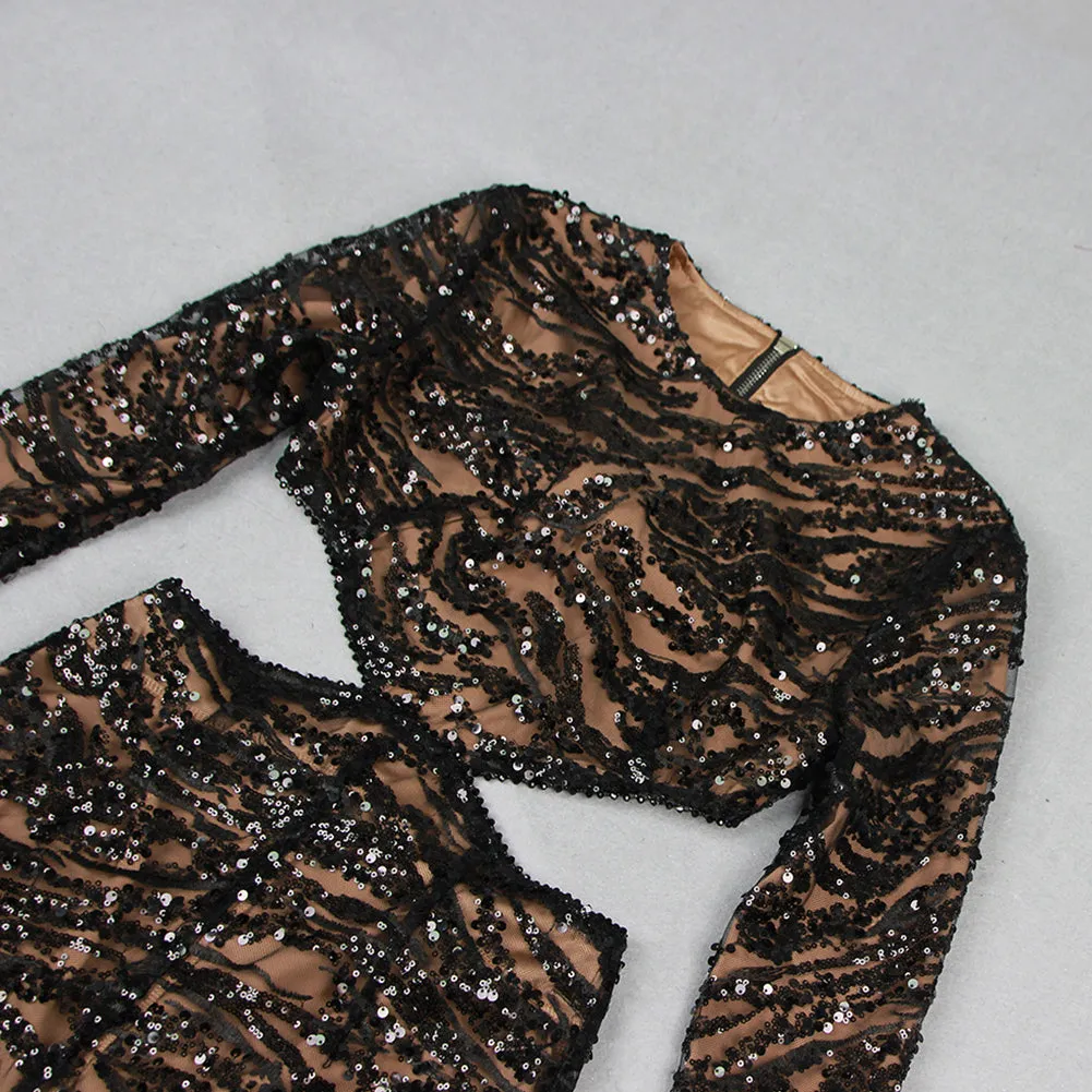 Round Neck Long Sleeve Sequins Bodycon Jumpsuit HL9448