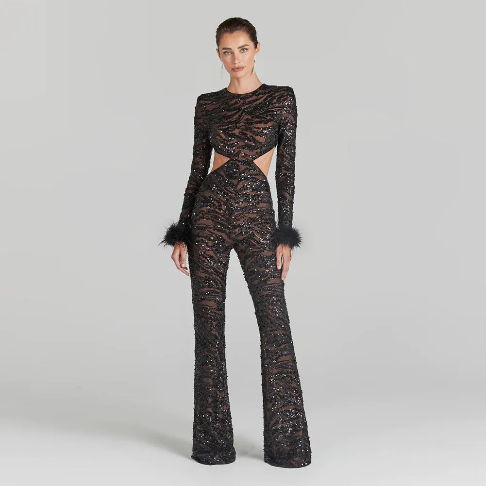 Round Neck Long Sleeve Sequins Bodycon Jumpsuit HL9448