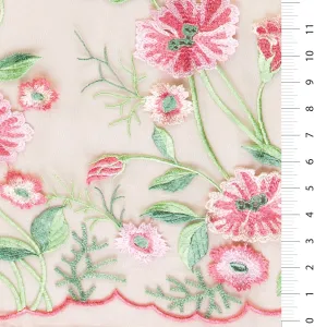 Scalloped Thread Embroidered Fabric with Flower Garden Design
