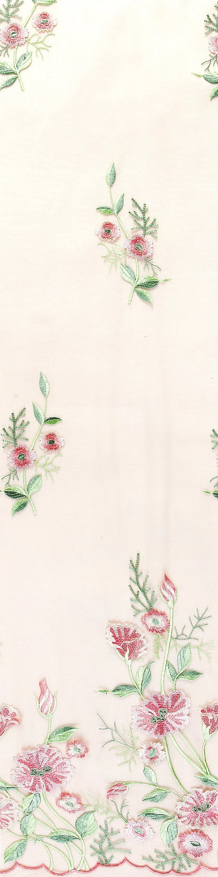 Scalloped Thread Embroidered Fabric with Flower Garden Design