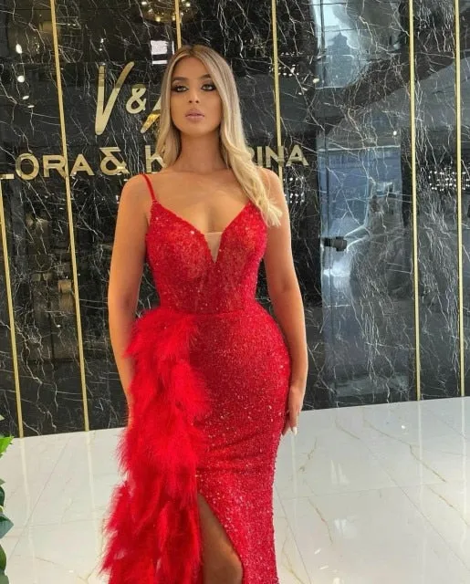 Sequined Glitter Evening Dresses With Feathers Detachable Tail