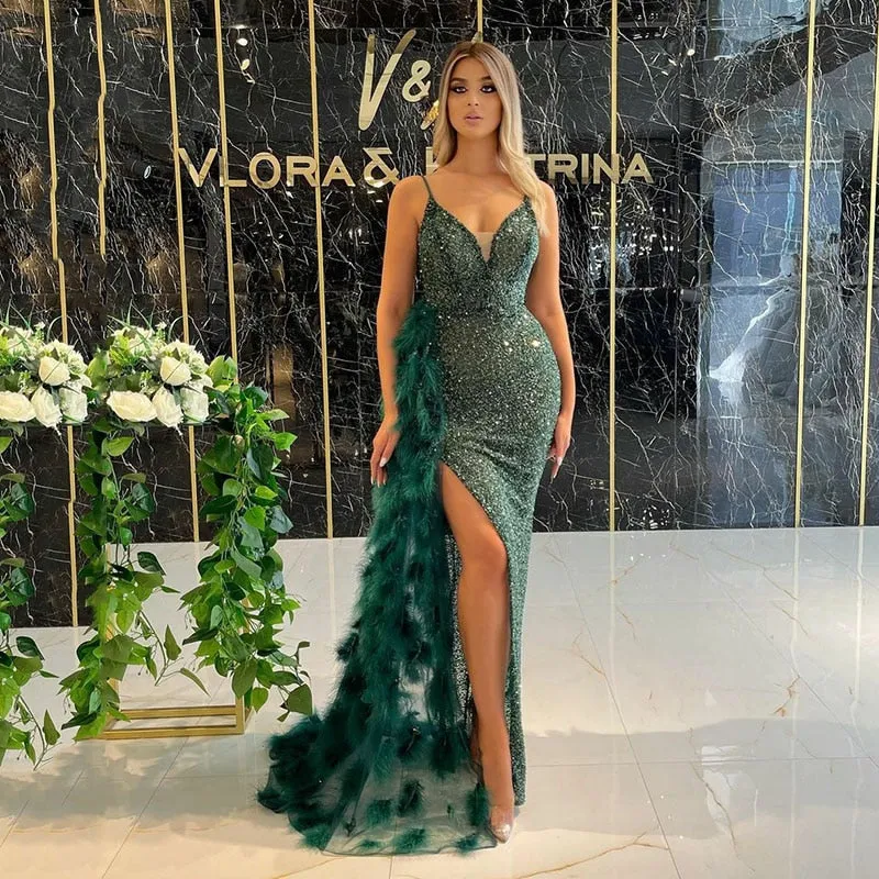 Sequined Glitter Evening Dresses With Feathers Detachable Tail