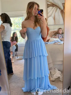 Sexy Blue Tiered Chiffon Strapless Sweetheart Party Dress Long Prom Dresses to Impress ,WGP1394