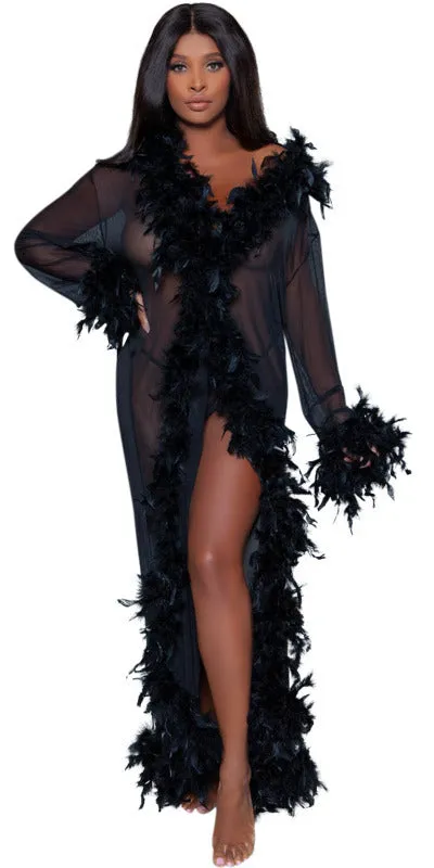 Sexy Long Boa Glamour Robe in Black