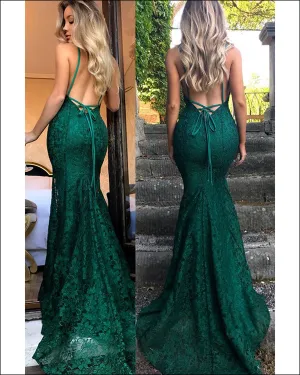 Sexy Mermaid Evening Dress Dark Green Lace Evening Gowns Backless Spaghetti Straps 2018 New