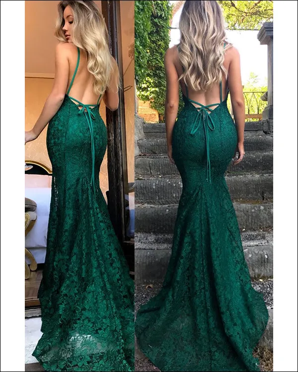 Sexy Mermaid Evening Dress Dark Green Lace Evening Gowns Backless Spaghetti Straps 2018 New