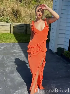 Sexy Orange V Neck Open Back Side Slit Sheath Long Party Dress Prom Dresses ,WGP1842