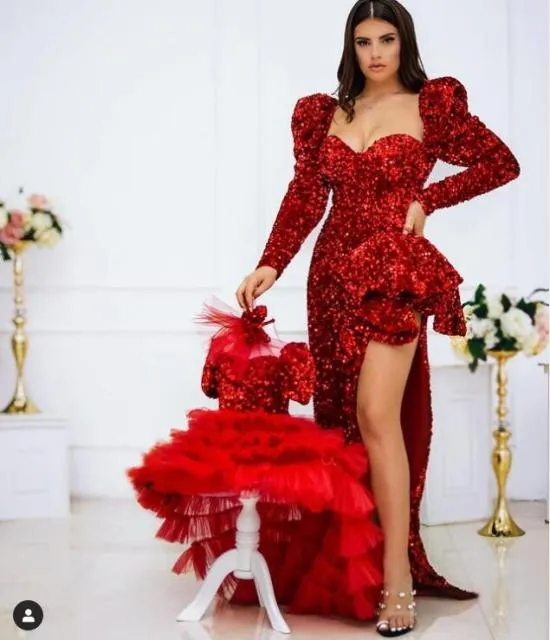 Sexy Shiny Sequined Red Split Long Prom Dresses