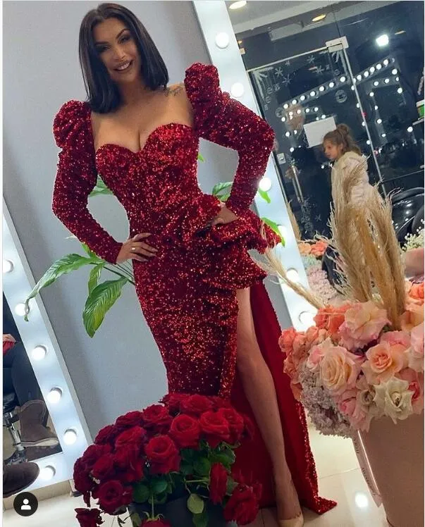 Sexy Shiny Sequined Red Split Long Prom Dresses