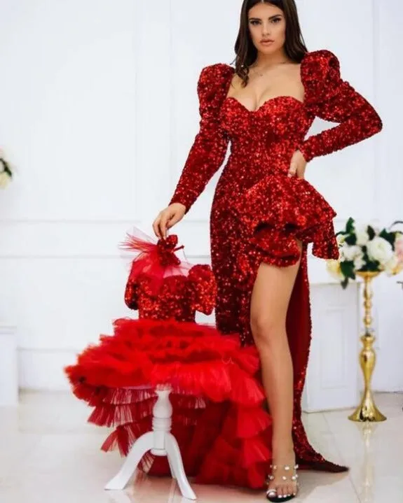 Sexy Shiny Sequined Red Split Long Prom Dresses