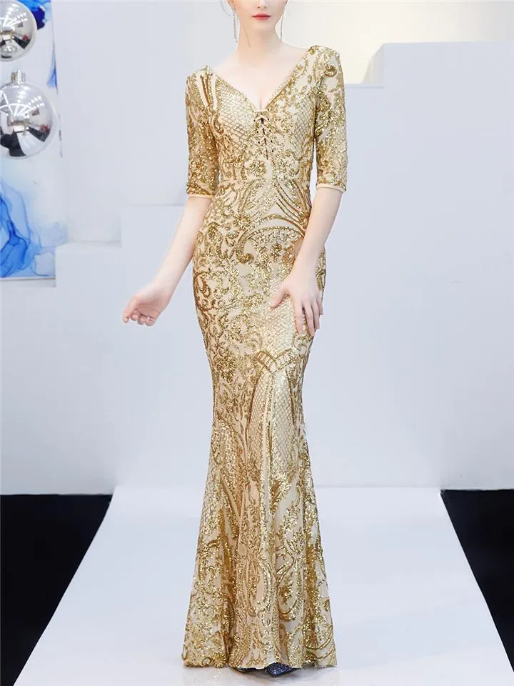 Shimmering Sequined Backless Front Lace Up Tulle Dress for Evening Party