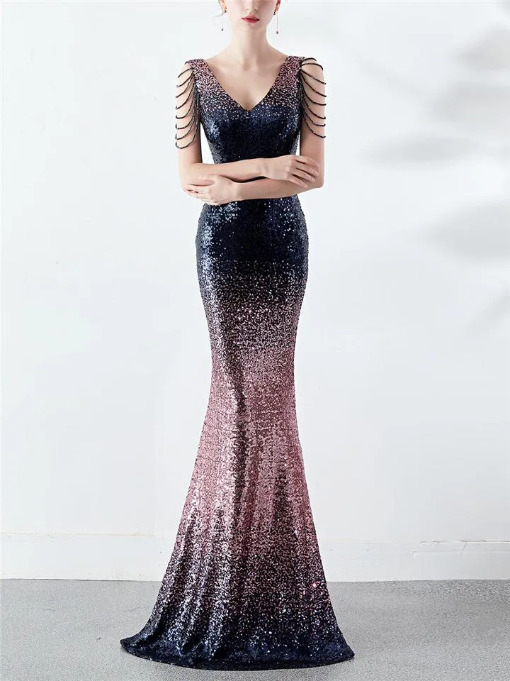 Shimmering Sequined V Neck Backless Mermaid Dress for Evening Party