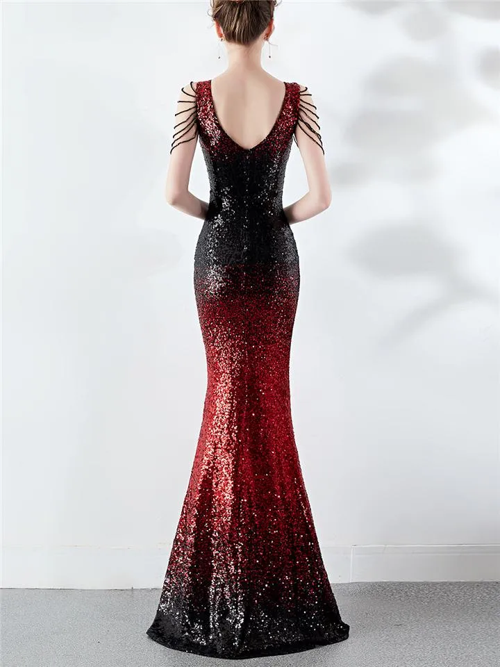 Shimmering Sequined V Neck Backless Mermaid Dress for Evening Party