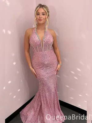 Shiny Halter Beaded Mermaid Party Dress Long Prom Dresses to Impress ,WGP1517