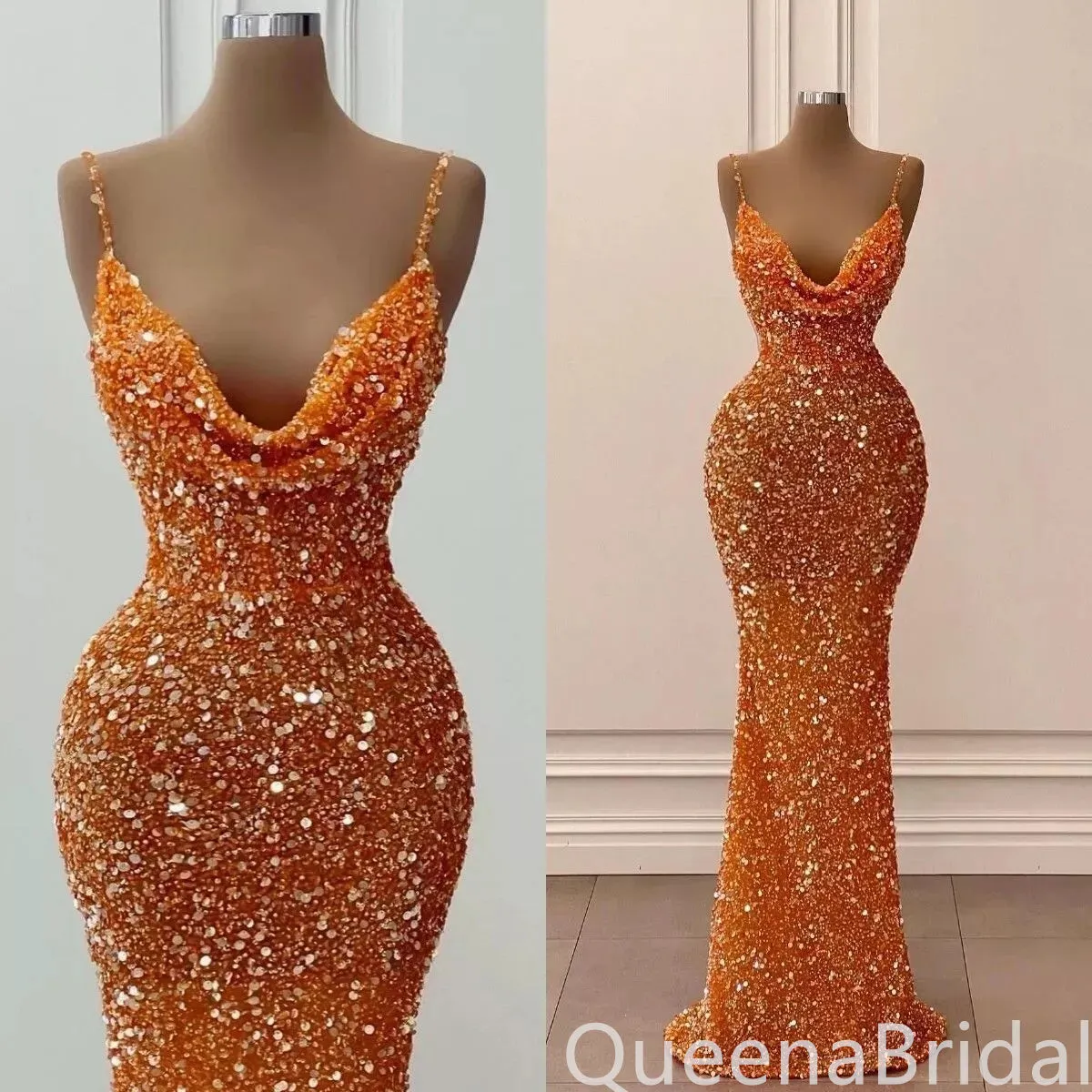 Shiny Orange Spaghetti Straps Mermaid Party Dress Long Prom Dresses to Impress ,WGP1608