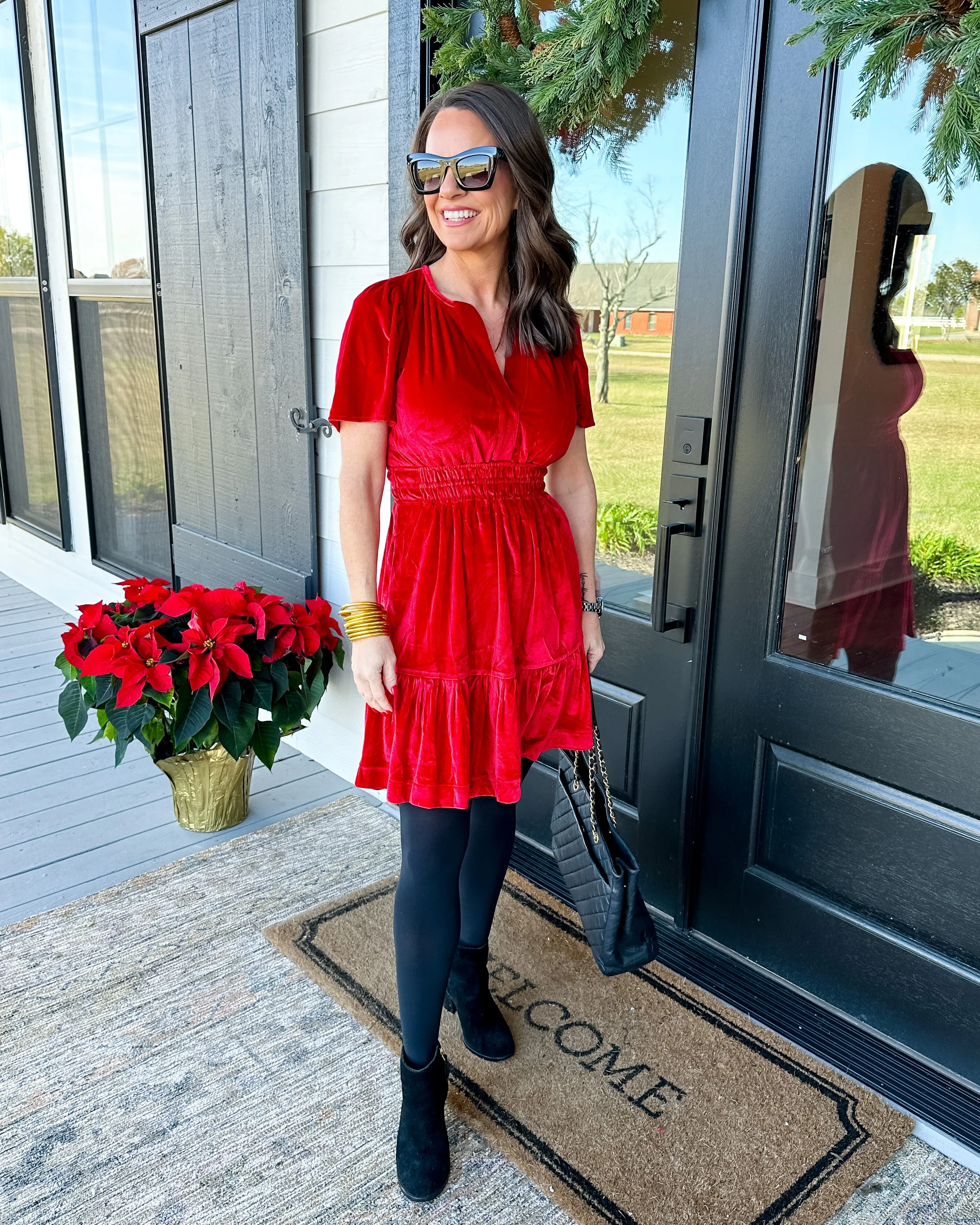 Short Sleeve Velvet Flutter Dress