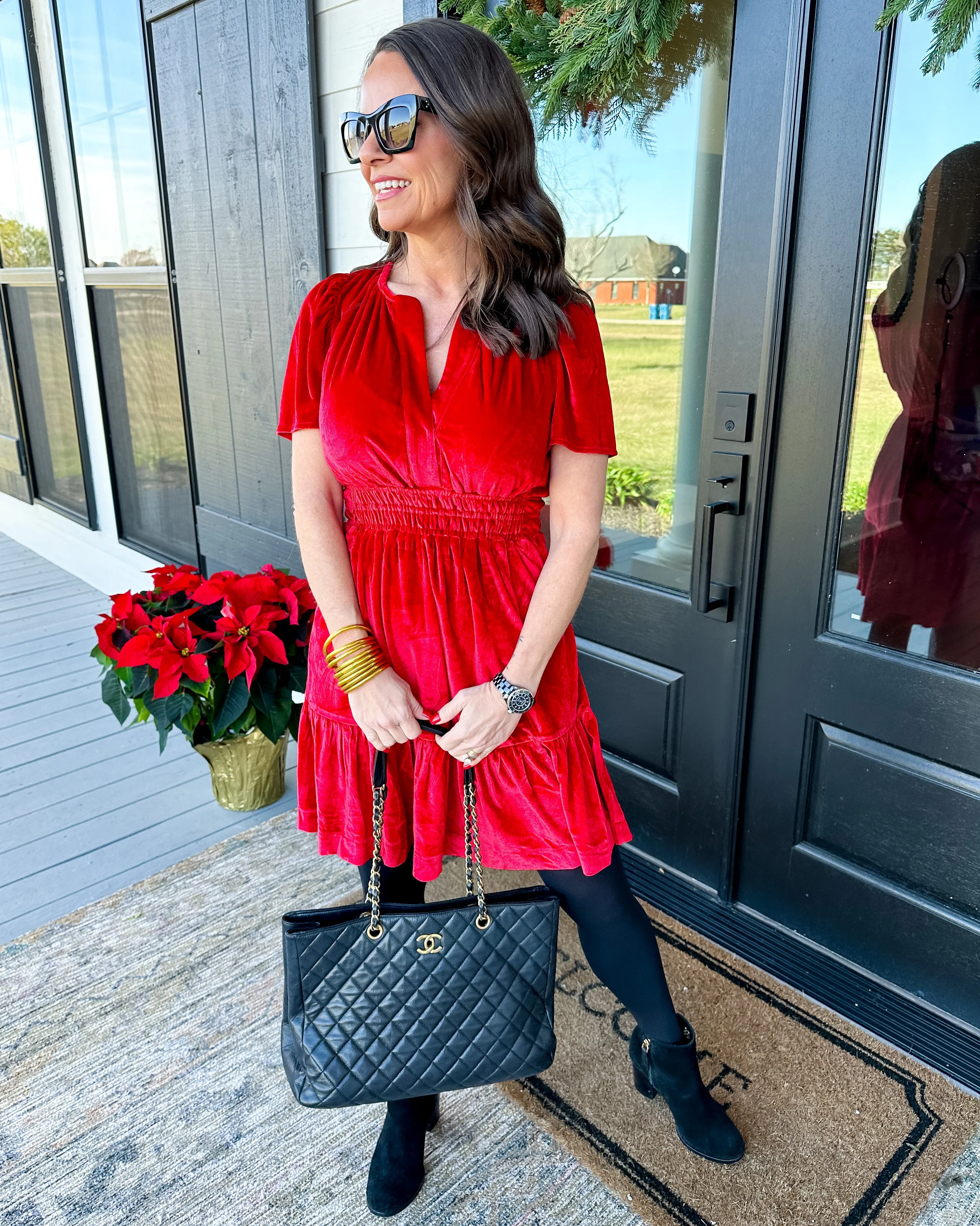 Short Sleeve Velvet Flutter Dress