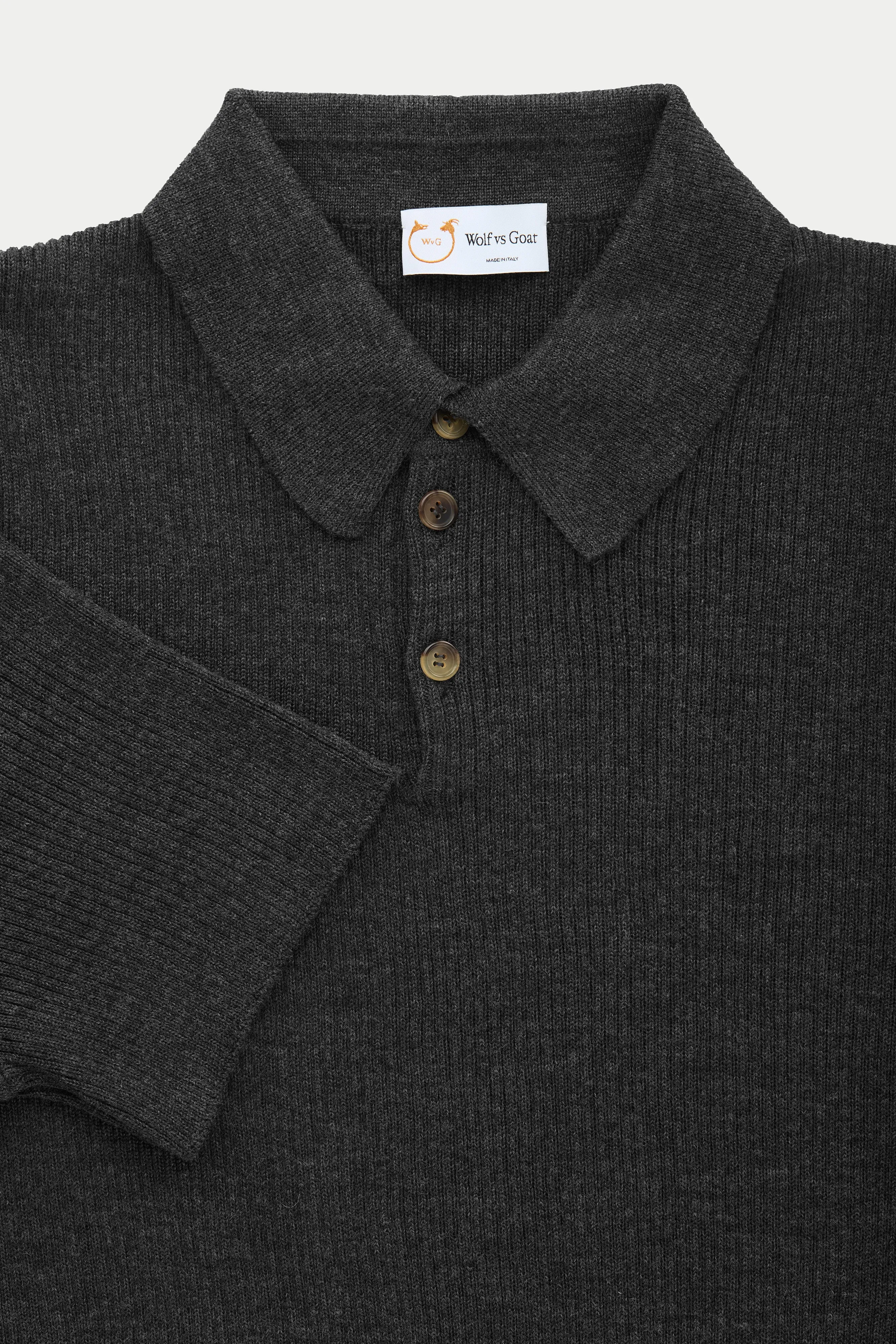 Short Sleeve Wool Silk Rich Boy Knitted Polo Charcoal Grey