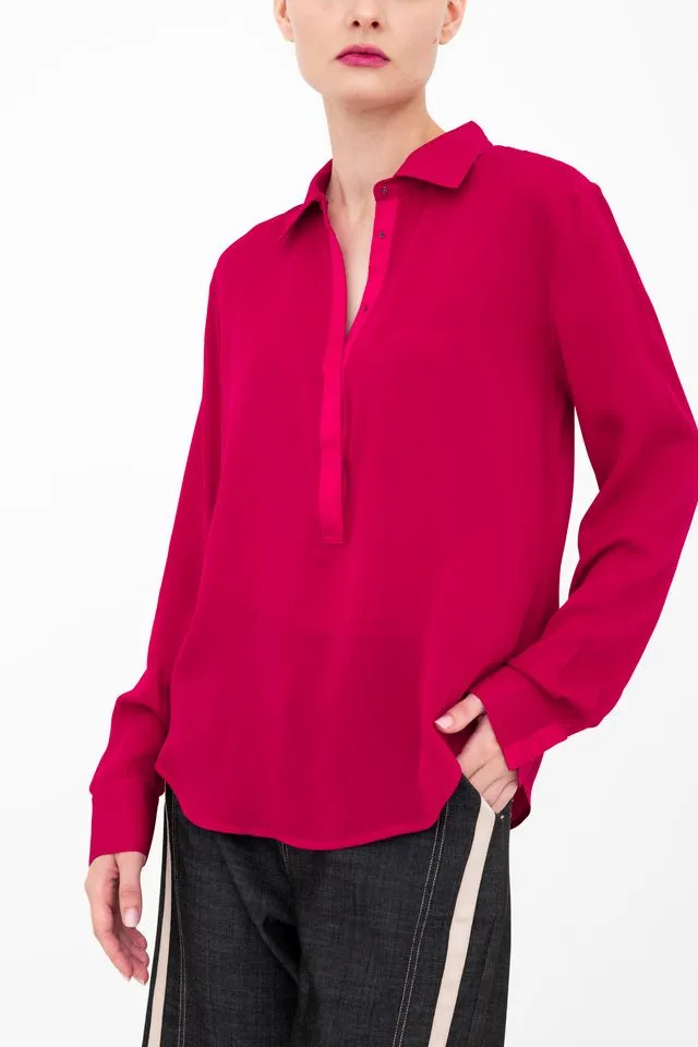 Silk Georgette Pullover Shirt with Grosgrain Trim - BLYTHE