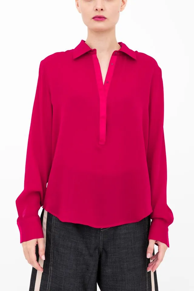 Silk Georgette Pullover Shirt with Grosgrain Trim - BLYTHE