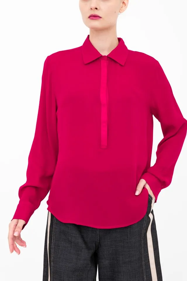 Silk Georgette Pullover Shirt with Grosgrain Trim - BLYTHE