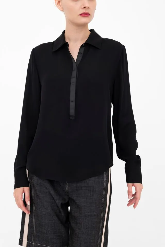 Silk Georgette Pullover Shirt with Grosgrain Trim - BLYTHE