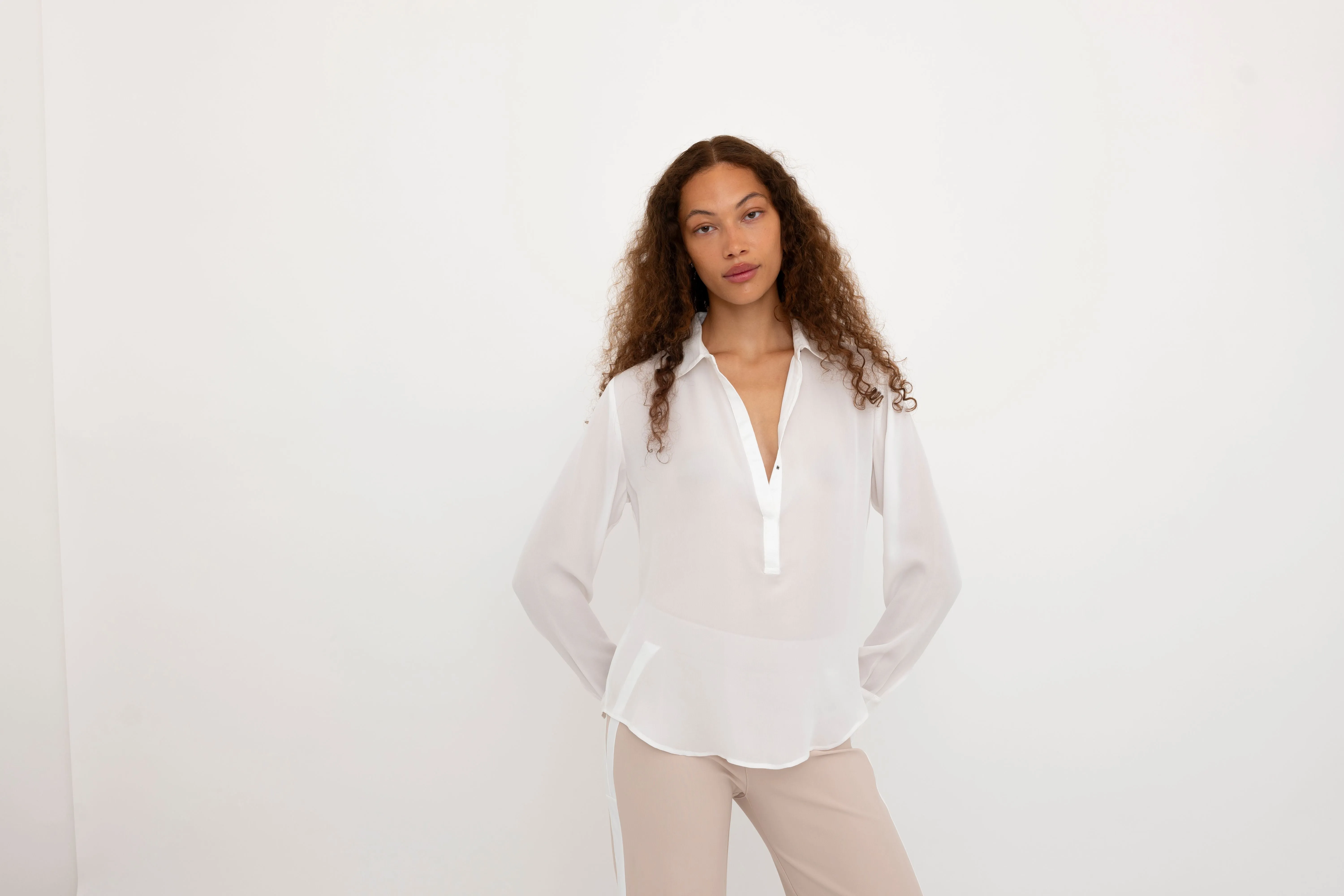 Silk Georgette Pullover Shirt with Grosgrain Trim - BLYTHE