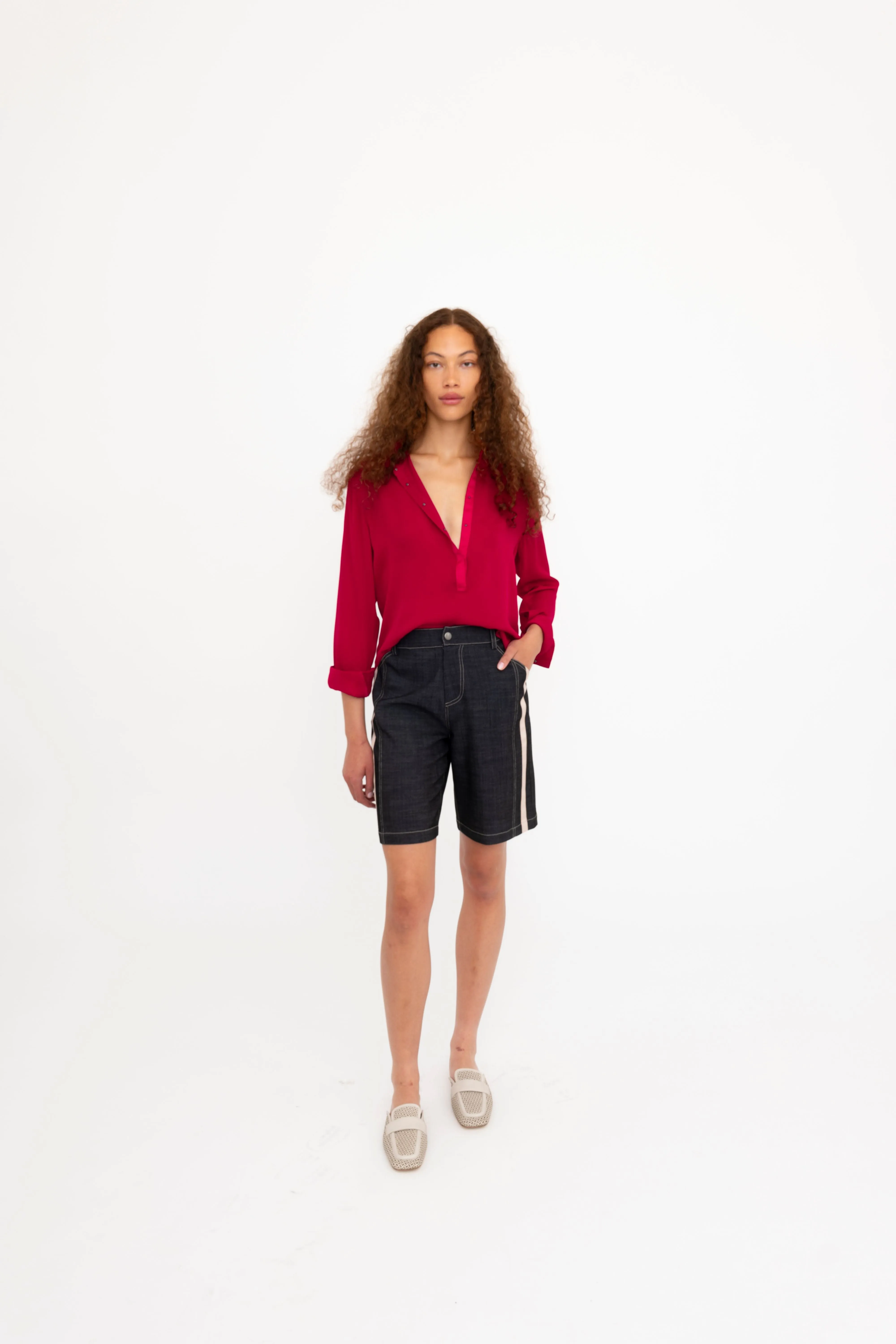 Silk Georgette Pullover Shirt with Grosgrain Trim - BLYTHE