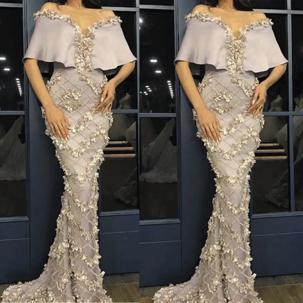 silver mermaid evening dresses long 2020 lace appliqué 3d flowers elegant cheap evening gown