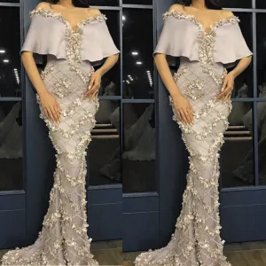 silver mermaid evening dresses long 2020 lace appliqué 3d flowers elegant cheap evening gown